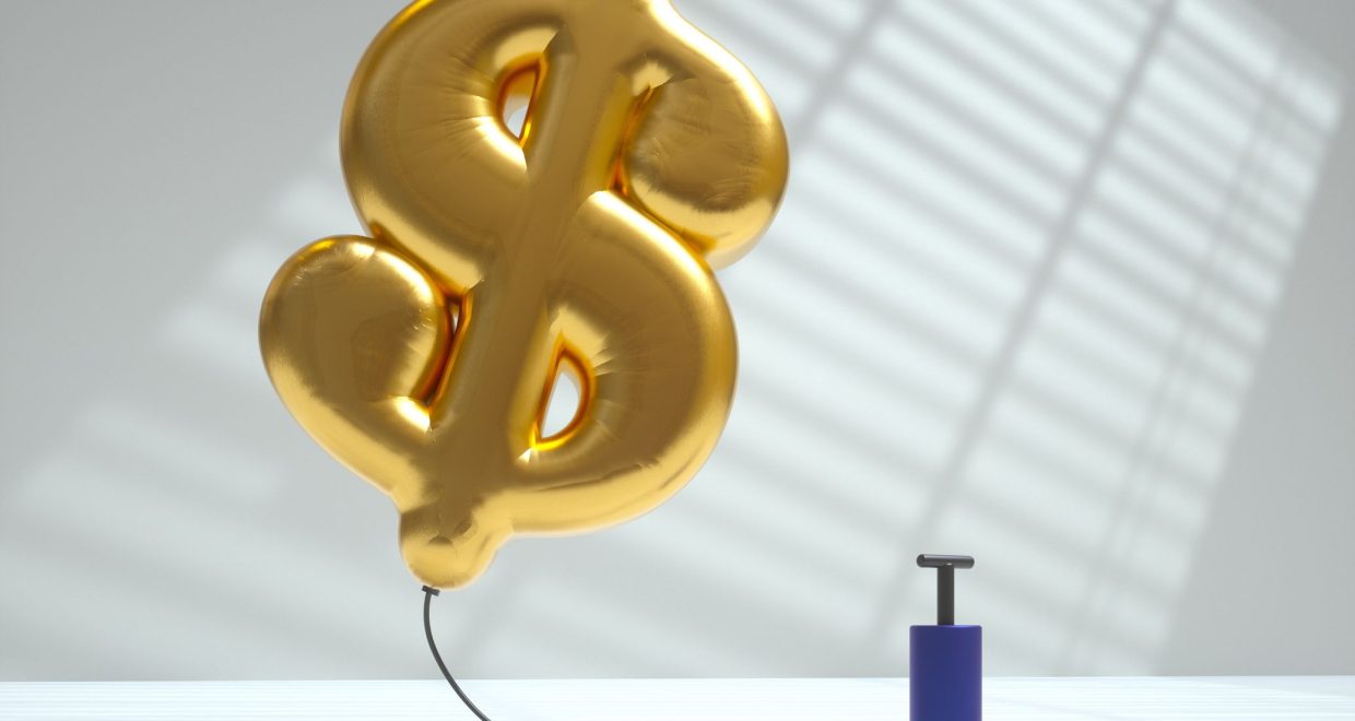 Digital generated image of golden air balloon in shape of dollar sign inflated using pump and flying up on white background. Inflation concept. — Image credit: Kiplinger (via FactSet forecast) / https://www.kiplinger.com/author/karee-venema