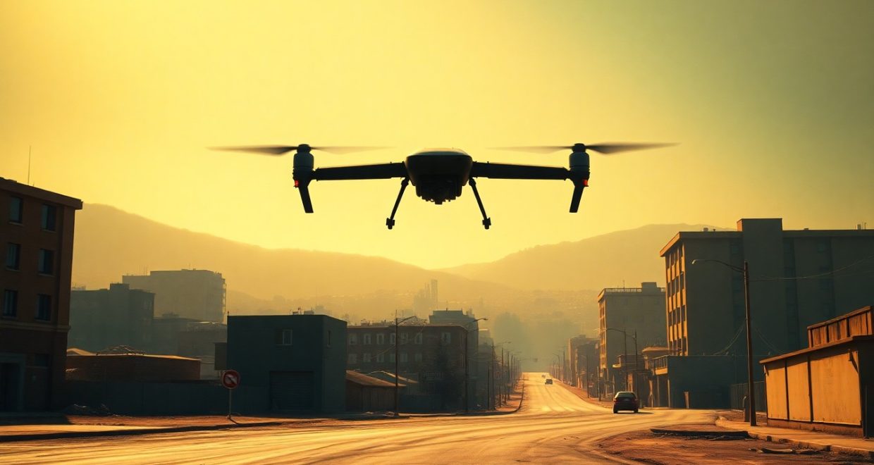 A serene, photorealistic painting of a military drone silently hovering over a desolate city street, the drone — Image credit: White House Proposes Massive $1.5 Trillion Boost to Defense Spending - Washington Today