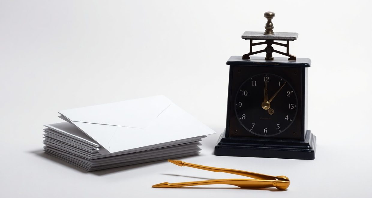 A high-end, photorealistic studio still-life photograph featuring a stack of envelopes, a vintage postal scale, and a brass letter opener arranged elegantly on a clean, monochromatic seamless background, conceptually representing the financial challenges facing the United States Postal Service. — Image credit: Postal Service to Suspend Pension Payments Amid Cash Crunch - Oklahoma City Today