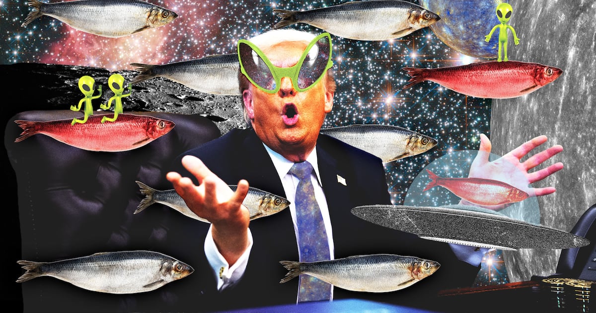 Illo illustration of Donald Trump wearing alien sunglasses with red herrings swimming around him on top of aliens, planets, and general outer space background — Image credit: Embattled Trump Tries New Distraction With UFO Files Dump